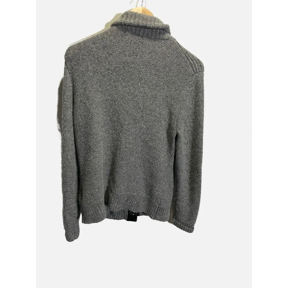 Tory Burch Cardigan Womens L Gray Wool Alpaca Leather Trim Logo Snap Knit Sweate